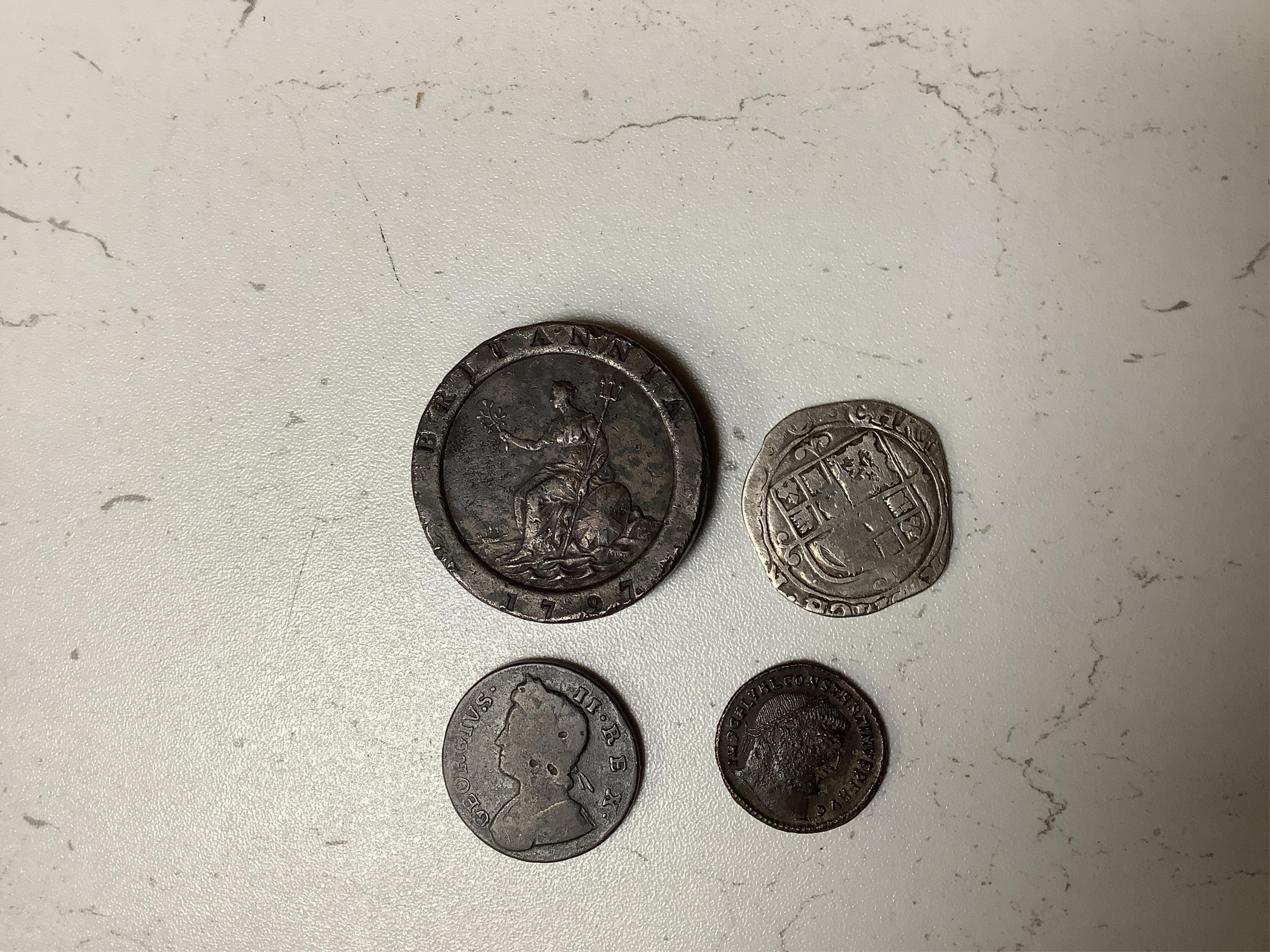 British Hammered coins, including a groat, Charles I shilling, Edward penny, two Roman AR denarius, other coins